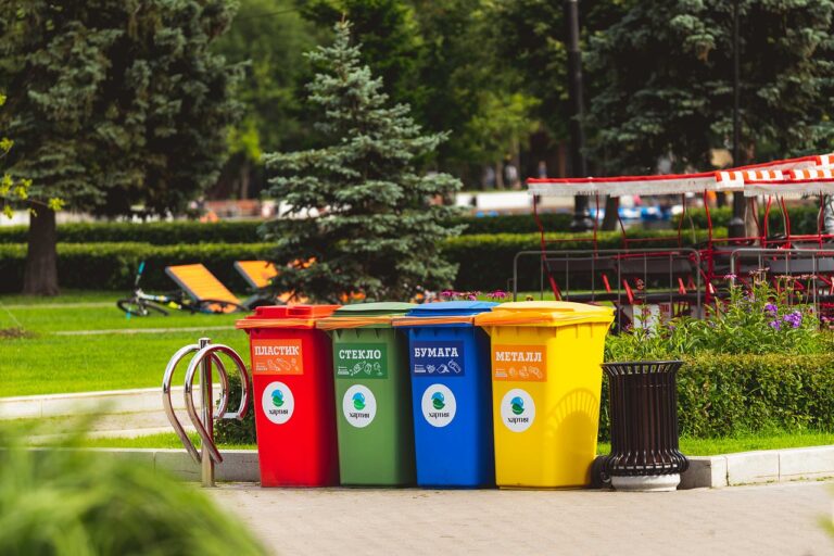 4 botes de reciclaje de colores rojo, verde, azul y amarillo al lado de una caneca regular en un parque