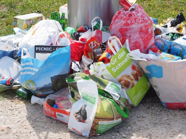 alimentos acumulados al lado de un bote de basura
