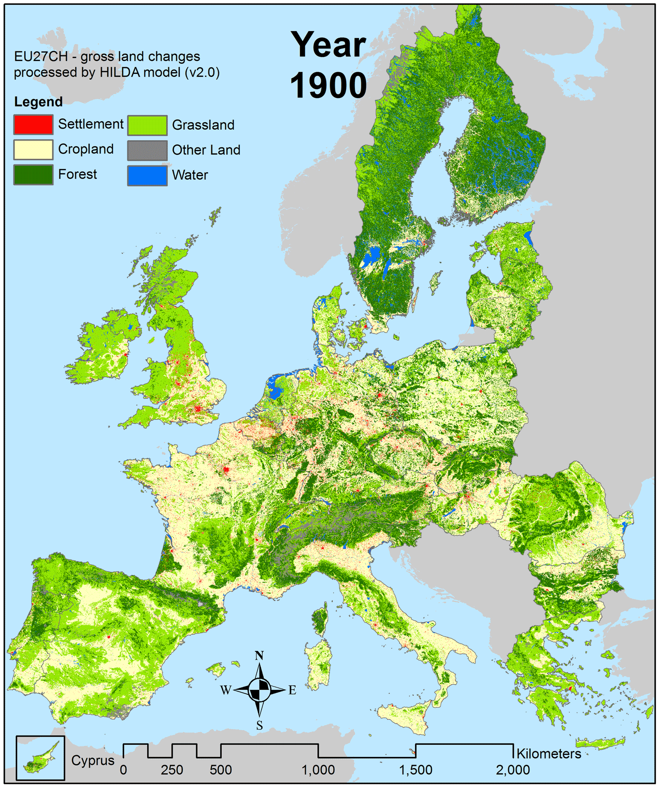 mapa de aumento de masa forestal en europa entre 1900 y 2010